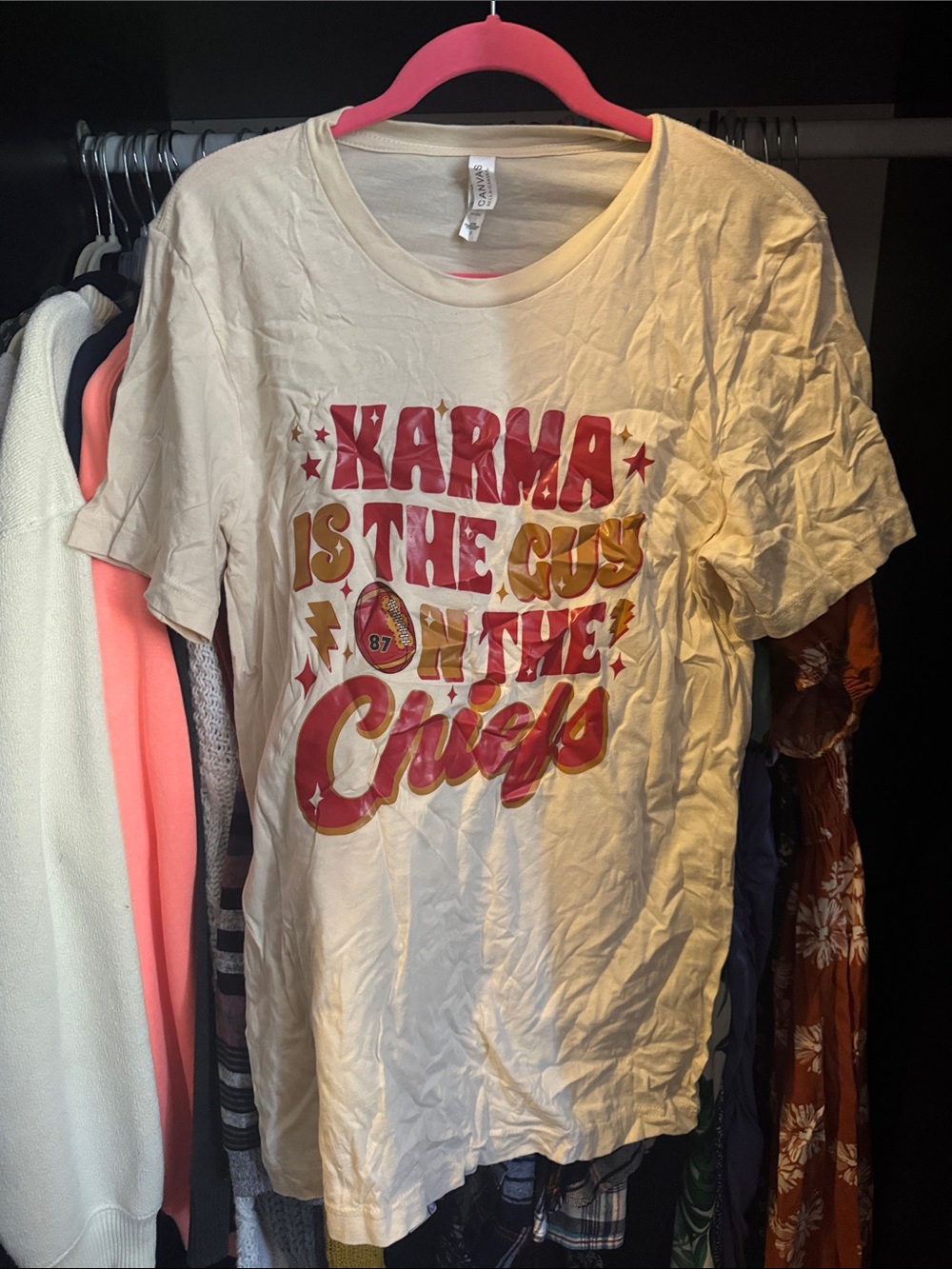 Graphic 'Karma Is The Guy On The Check' Cream Women's Tee